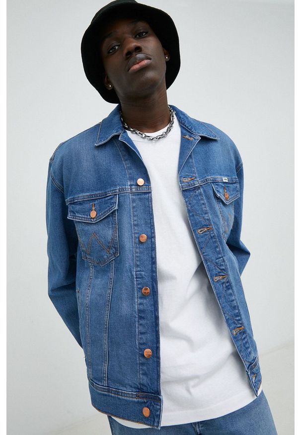 Wrangler kurtka jeansowa męska kolor niebieski przejściowa oversize. Kolor: niebieski. Materiał: jeans