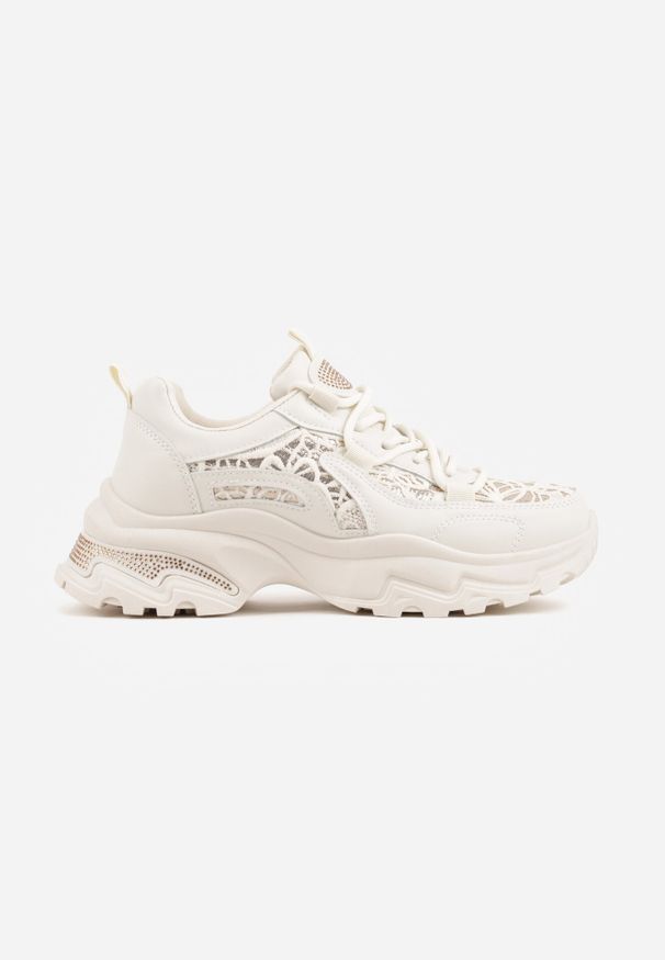 Born2be - Beżowe Sneakersy na Grubej Podeszwie z Koronkowymi Wstawkami i Cyrkoniami Sephialle. Okazja: na co dzień. Kolor: beżowy. Materiał: koronka. Wzór: aplikacja