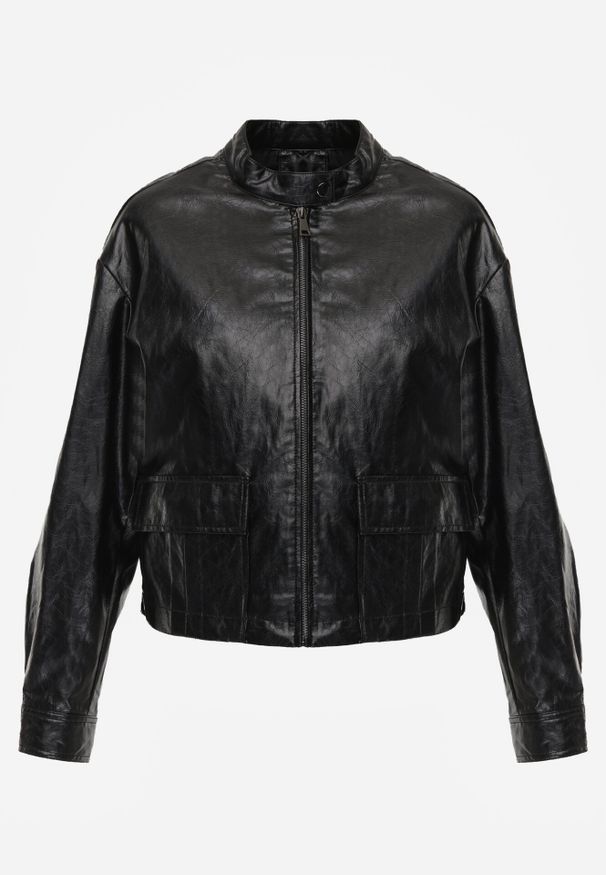 Born2be - Czarna Kurtka Ramoneska Bomberka Ściągana po Bokach Salanthe. Okazja: na co dzień. Kolor: czarny. Materiał: jeans, poliester. Styl: casual