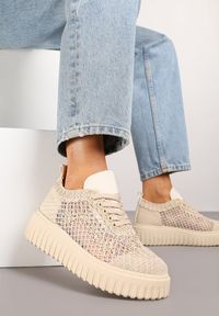 Renee - Beżowe Sneakersy Vices na Platformie z Ażurową Cholewką Lumerise. Okazja: na co dzień. Kolor: beżowy. Szerokość cholewki: normalna. Wzór: ażurowy. Obcas: na platformie