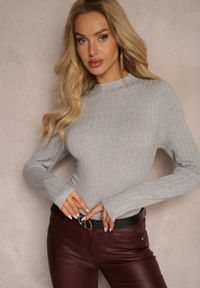 Renee - Jasnoszary Casualowy Sweter Półgolf Temitara. Okazja: na co dzień. Kolor: szary. Materiał: jeans. Styl: casual