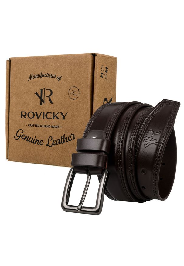 ROVICKY - Pasek brązowy zdobiony na brzegach Rovicky RPM-32-PUM BROWN. Kolor: brązowy. Materiał: jeans, skóra. Wzór: aplikacja