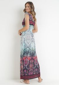 Born2be - Bordowo-Niebieska Rozkloszowana Sukienka Maxi z Cienkimi Gumkami w Pasie i Kopertowym Dekoltem Clothilda. Typ kołnierza: dekolt kopertowy. Kolor: niebieski. Sezon: wiosna, lato. Typ sukienki: kopertowe. Długość: maxi #4