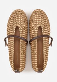 Renee - Brązowe Boho Balerinki w Stylu Mary Jane z Plecioną Cholewką Berinyra. Okazja: na co dzień. Zapięcie: pasek. Kolor: brązowy. Materiał: jeans, len. Szerokość cholewki: normalna. Obcas: na płaskiej podeszwie. Styl: boho #7