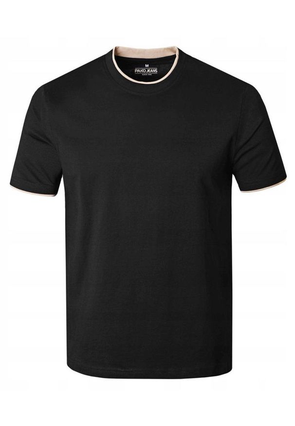 Jednokolorowa Koszulka z Lamówką - Pako Jeans - Czarny. Okazja: na co dzień. Kolor: czarny. Materiał: bawełna. Styl: casual