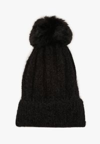 Renee - Czarna Prążkowana Czapka Ozdobiona Pomponem Vamilora. Kolor: czarny. Materiał: prążkowany. Wzór: aplikacja. Sezon: jesień. Styl: elegancki, casual #1