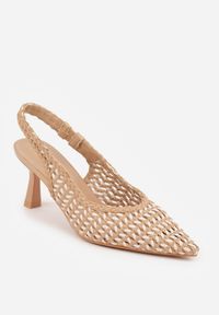 Renee - Ciemnobeżowe Plecione Czółenka Slingback na Szpilce z Ażurową Cholewką Hibiscae. Okazja: na co dzień. Kolor: beżowy. Materiał: jeans. Szerokość cholewki: normalna. Wzór: ażurowy. Sezon: wiosna. Obcas: na szpilce. Styl: elegancki, casual, wizytowy #9