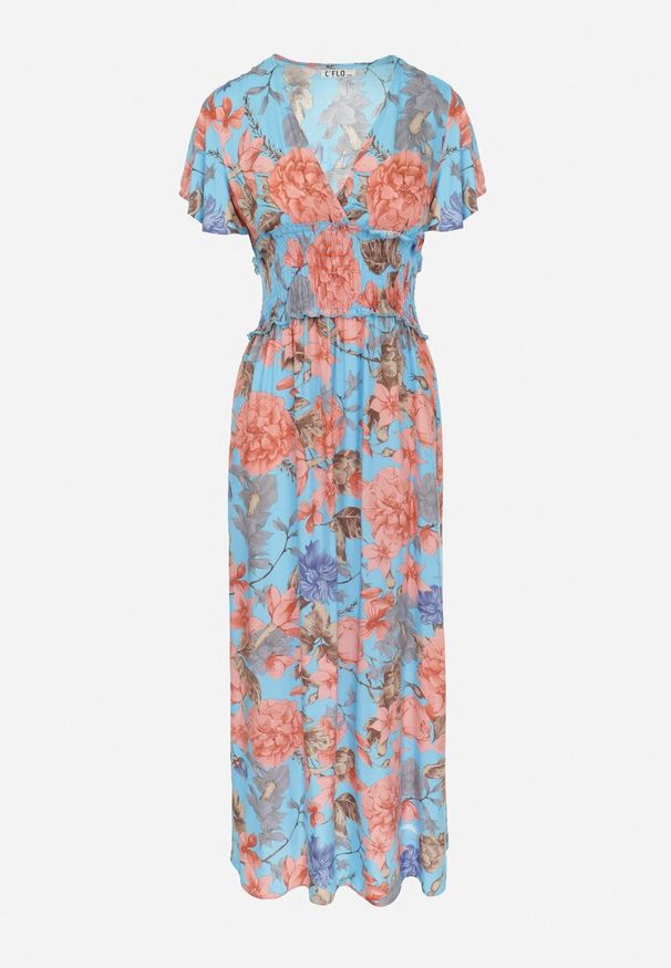 Born2be - Niebieska Sukienka Maxi w Kwiaty z Gumką w Pasie Shepes. Typ kołnierza: dekolt kopertowy. Kolor: niebieski. Materiał: wiskoza, tkanina. Wzór: kwiaty. Typ sukienki: kopertowe. Długość: maxi