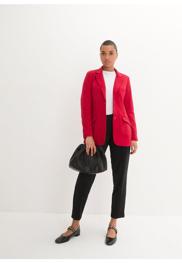 bonprix - Długi żakiet z dżerseju z bawełny. Kolor: czerwony. Materiał: bawełna, jersey. Długość: długie. Styl: elegancki
