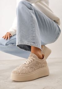 Born2be - Beżowe Sneakersy z Plecionki na Grubej Podeszwie w Stylu Boho Dacara. Okazja: na co dzień. Kolor: beżowy. Materiał: jeans. Szerokość cholewki: normalna #9