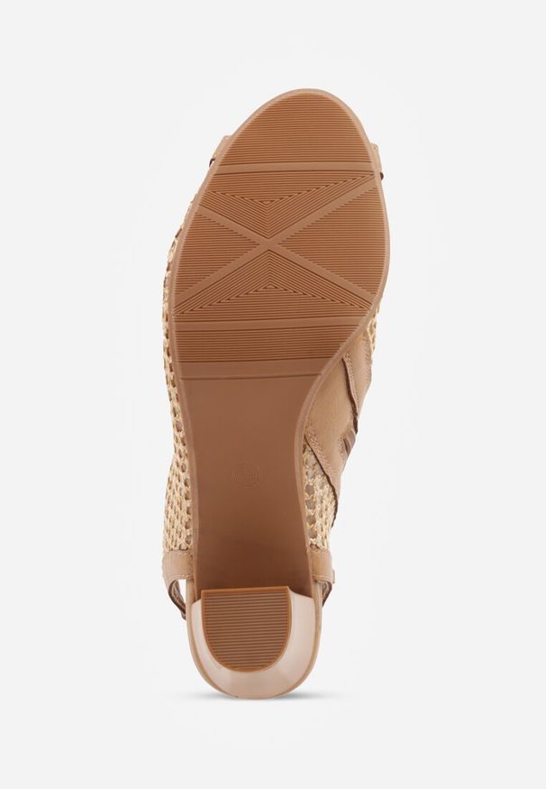 Renee - Beżowe Botki Peep Toe z Plecionki na Słupku ze Skórzaną Wkładką Alenika. Okazja: na randkę. Nosek buta: otwarty. Kolor: beżowy. Materiał: skóra. Wzór: haft. Obcas: na słupku. Styl: boho