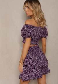 Renee - Granatowy Komplet w Kwiaty 2-Częściowy Top w Stylu Hiszpanki i Spódnica z Falbanką Crispa. Kolor: niebieski. Materiał: materiał. Wzór: kwiaty #5