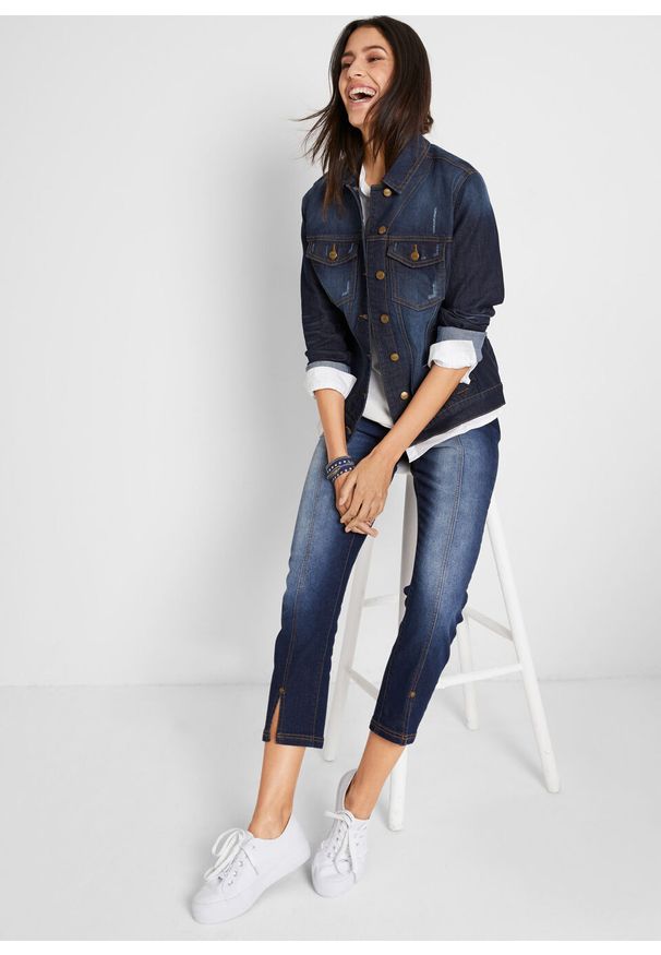 Dżinsy 7/8 "komfort-stretch" z rozcięciem z przodu i wygodnym paskiem bonprix ciemnoniebieski denim. Kolor: niebieski. Styl: elegancki