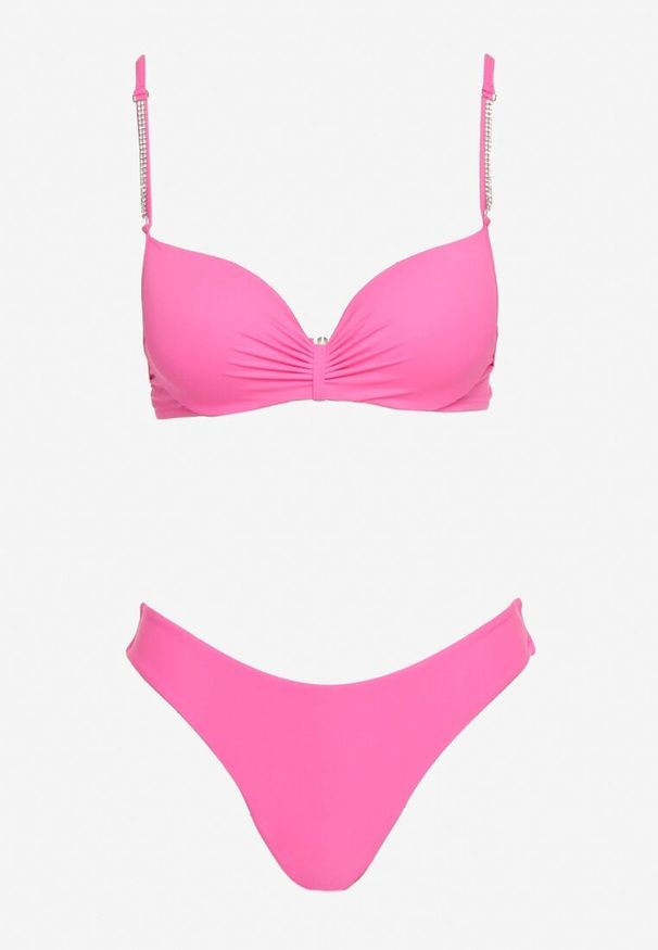 Born2be - Różowe Bikini Góra z Regulowanymi Ramiączkami Ozdobionymi Cyrkoniami z Elastycznym Dołem w Zestawie Spodenki Kąpielowe z Gumką w Pasie Quilalia. Kolor: różowy. Wzór: aplikacja