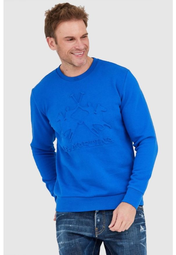 La Martina - LA MARTINA Niebieska bluza męska z tłoczonym logo, Rozmiar XXL. Kolor: niebieski. Długość rękawa: długi rękaw