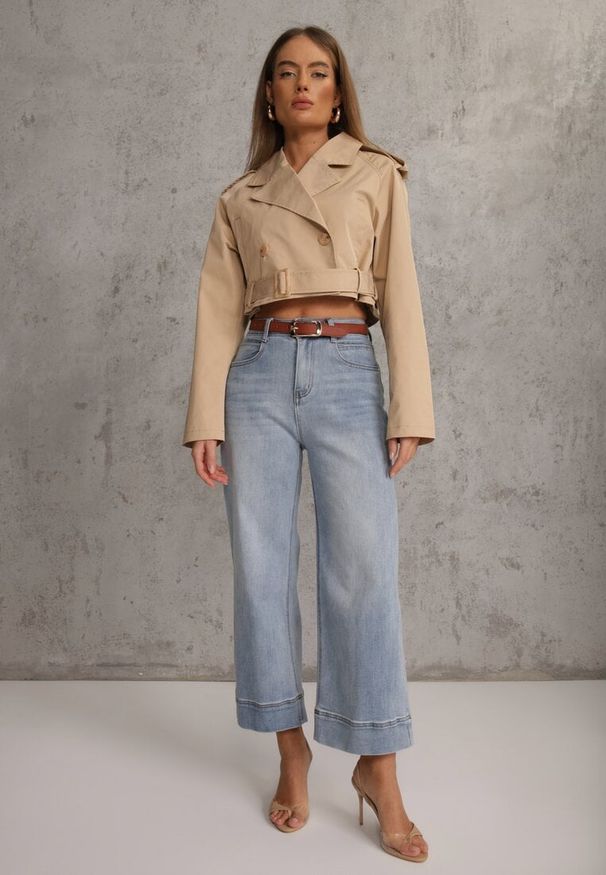 Renee - Niebieskie Szerokie Jeansy z Bawełną High Waist Ozdobione Przeszyciami Timolis. Okazja: na co dzień. Stan: podwyższony. Kolor: niebieski. Wzór: aplikacja. Styl: casual