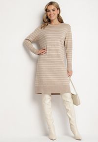 Born2be - Beżowa Sukienka w Paski z Dzianiny z Wiskozą o Prostym Kroju ze Ściągaczami Delirae. Okazja: na co dzień, do pracy, na spotkanie biznesowe. Kolor: beżowy. Materiał: wiskoza, dzianina. Wzór: paski. Typ sukienki: proste. Styl: biznesowy, klasyczny, casual, elegancki #7