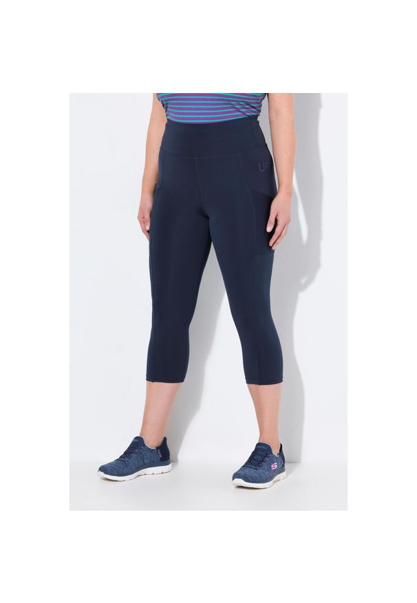 ULLA POPKEN - Damskie Legginsy 3/4 długość do łydek wysoki stan szybkoschnący materiał. Stan: podwyższony. Kolekcja: plus size. Kolor: niebieski. Materiał: elastan, poliester, materiał. Długość: do łydek