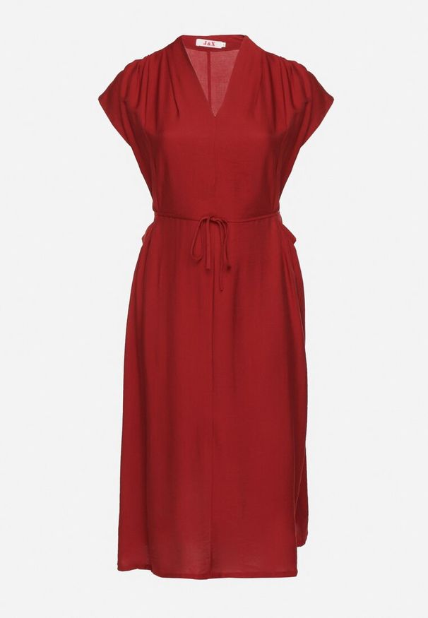 Born2be - Bordowa Wiskozowa Sukienka Pudełkowa z Cienkim Paskiem i Kieszeniami Lumivorae. Okazja: na co dzień. Kolekcja: plus size. Kolor: czerwony. Materiał: wiskoza. Typ sukienki: dla puszystych, proste. Styl: elegancki, casual