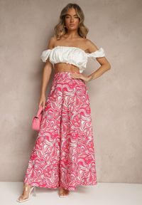 Renee - Fuksjowe Spodnie z Wiskozy o Szerokim Kroju High Waist z Abstrakcyjnym Wzorem Nilianea. Okazja: na spotkanie biznesowe, do pracy. Stan: podwyższony. Kolor: różowy. Materiał: wiskoza. Wzór: aplikacja. Styl: biznesowy, elegancki