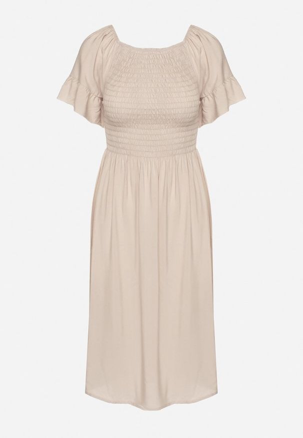 Born2be - Jasnobeżowa Rozkloszowana Sukienka Bawełniana z Bufiastymi Rękawami i Elastyczną Górą Veliova. Okazja: na co dzień. Kolor: beżowy. Materiał: bawełna. Styl: casual, elegancki