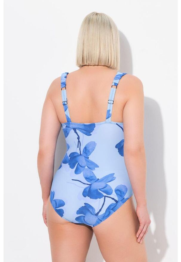 ULLA POPKEN - Damski Kostium kąpielowy kwiaty miękkie miseczki dekolt karo. Kolekcja: plus size. Kolor: niebieski. Materiał: poliamid, poliester, materiał, elastan. Wzór: kwiaty