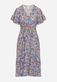 Born2be - Niebieska Rozkloszowana Sukienka w Kwiaty z Kopertowym Dekoltem Plisowana Lanasira. Kolor: niebieski. Wzór: kwiaty. Typ sukienki: kopertowe #2