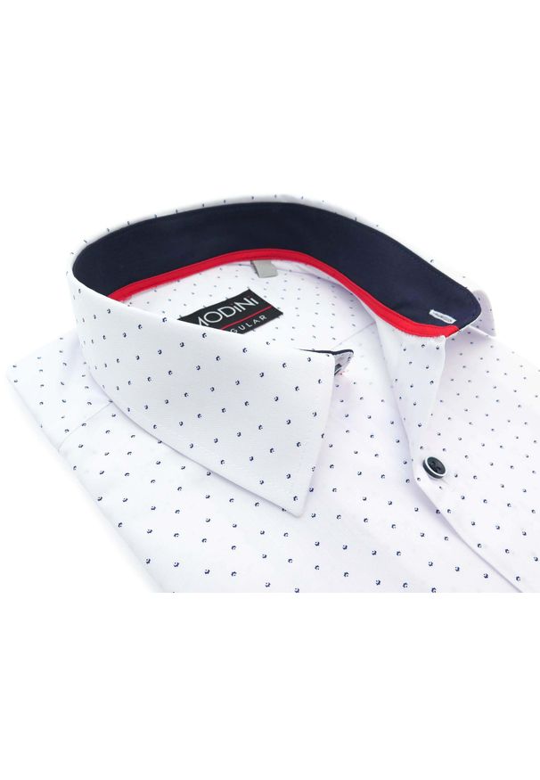 Modini - Biała koszula męska z krótkim rękawem w granatowy drobny wzór MK11. Typ kołnierza: kołnierzyk klasyczny. Kolor: biały, wielokolorowy, niebieski. Materiał: bawełna, poliester, tkanina. Długość rękawa: krótki rękaw. Długość: krótkie. Styl: klasyczny