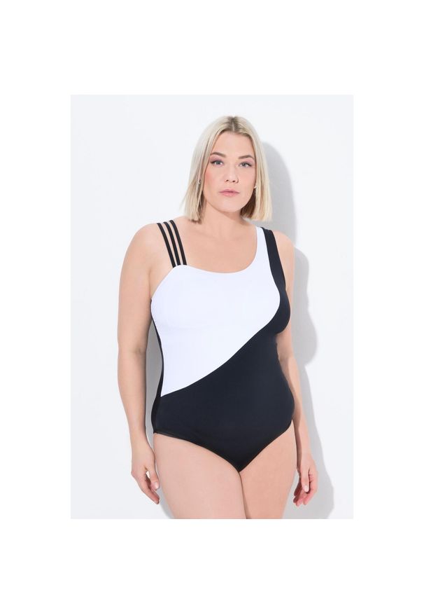 ULLA POPKEN - Damski Kostium kąpielowy bloki kolorów 3 ramiączka miękkie miseczki. Kolekcja: plus size. Kolor: czarny. Materiał: poliester, elastan, poliamid, materiał