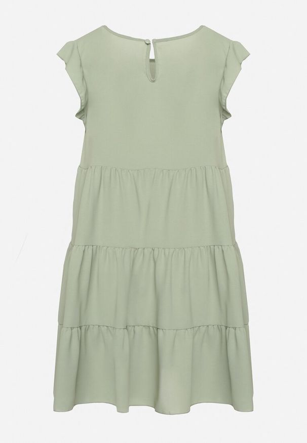 Born2be - Miętowa Rozkloszowana Sukienka z Falbankami Zapinana przy Szyi Rettesa. Okazja: na co dzień. Typ kołnierza: kołnierz z falbankami. Kolor: miętowy. Materiał: wiskoza, tkanina. Sezon: lato. Styl: elegancki, casual