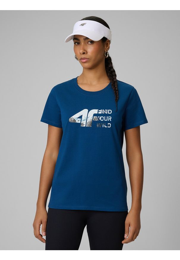 4f - 4F T-shirt regular z nadrukiem damski - turkusowy S. Okazja: na co dzień. Kolor: turkusowy. Materiał: dzianina, bawełna. Wzór: nadruk. Styl: casual