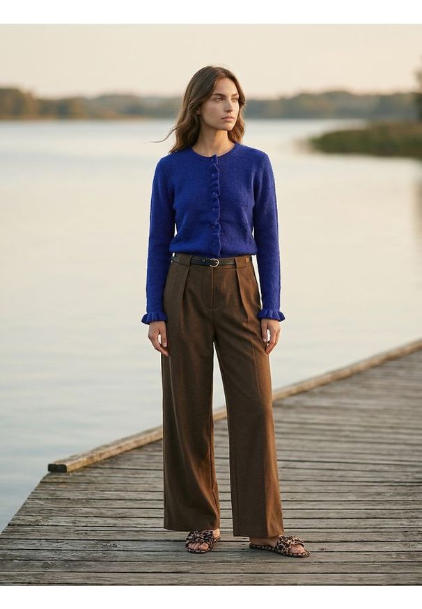 Sinsay - Kardigan z falbaną przy zapięciu - granatowy. Kolor: niebieski