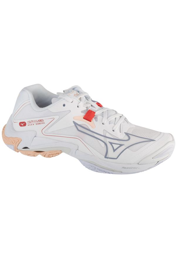 Buty siatkarskie damskie Mizuno Wave Lightning Z8. Kolor: biały, wielokolorowy, beżowy. Materiał: materiał, syntetyk. Szerokość cholewki: normalna. Model: Mizuno Wave. Sport: siatkówka