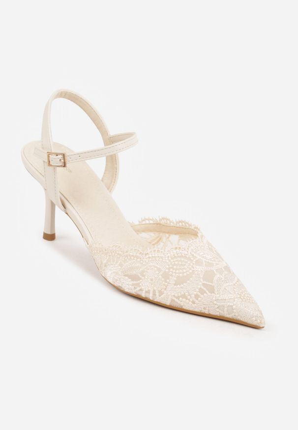 Born2be - Beżowe Koronkowe Szpilki VICES z Odkrytą Piętą w Eleganckim Stylu Vitavia. Okazja: na wesele, na co dzień, na spotkanie biznesowe, na ślub cywilny. Zapięcie: pasek. Kolor: beżowy. Materiał: koronka. Wzór: koronka. Obcas: na szpilce. Styl: elegancki