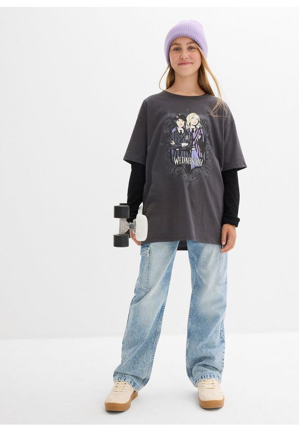 bonprix - T-shirt z motywem Wednesday z czystej bawełny. Kolor: szary. Materiał: bawełna. Wzór: nadruk