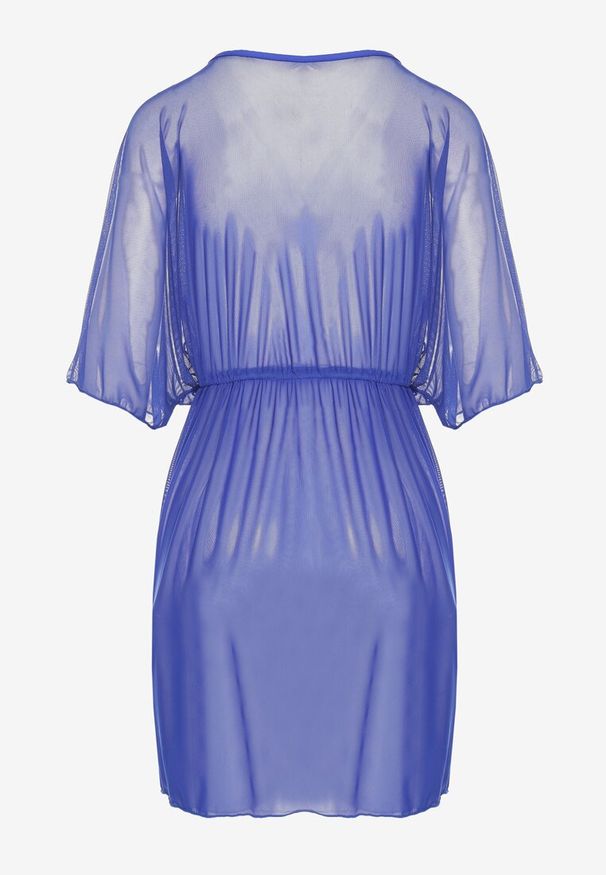 Born2be - Niebieska Narzutka Plażowa z Siateczki Ozdobiona Wiązaniem Sadevienne. Okazja: na plażę. Kolor: niebieski. Wzór: aplikacja