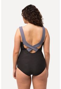 ULLA POPKEN - Damski Strój kąpielowy struktura miękkie miseczki skrzyżowane z tyłu ramiączka. Kolekcja: plus size. Kolor: czarny. Materiał: elastan, poliester, materiał