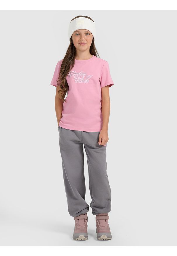 4f - 4F T-shirt regular z nadrukiem dziewczęcy - różowy 128 (7-8 lat). Okazja: na co dzień. Kolor: różowy. Materiał: bawełna, materiał. Wzór: nadruk. Sezon: lato. Styl: casual