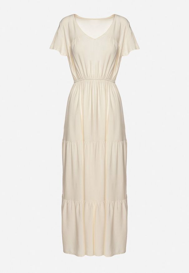 Born2be - Jasnobeżowa Sukienka z Wiskozy o Rozkloszowanym Kroju Folky. Okazja: na co dzień. Typ kołnierza: dekolt w kształcie V. Kolor: beżowy. Materiał: wiskoza. Styl: elegancki, casual