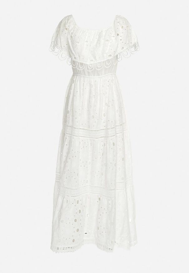 Born2be - Biała Bawełniana Sukienka Maxi w Stylu Boho Ozdobiona Ażurowym Haftem Hellvia. Typ kołnierza: dekolt hiszpanka. Kolor: biały. Materiał: bawełna. Wzór: haft, aplikacja, ażurowy. Typ sukienki: rozkloszowane. Styl: boho. Długość: maxi