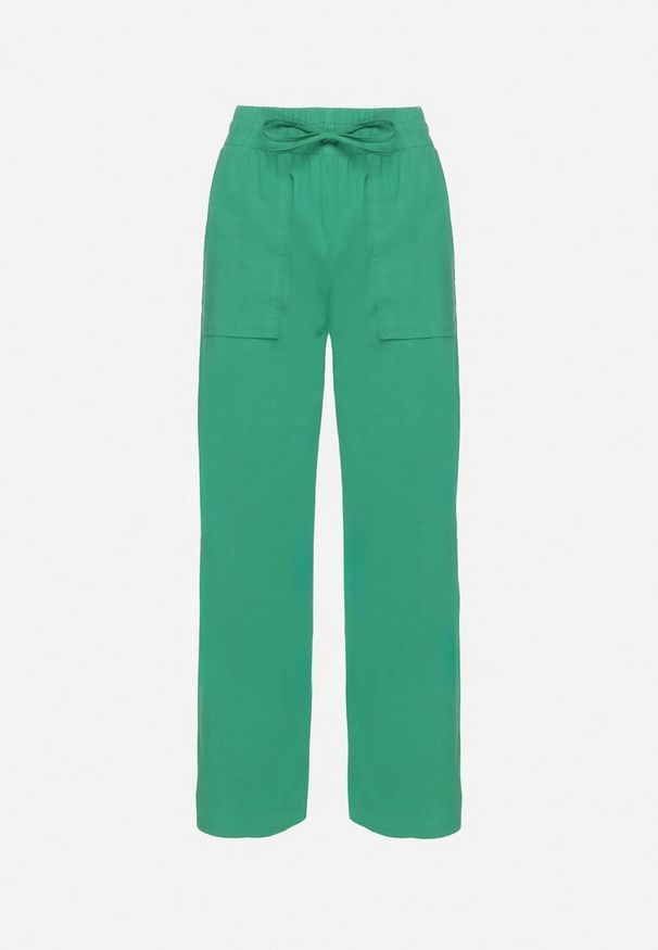 Born2be - Zielone Spodnie z Bawełny Ozdobione Wiązaniem Davione. Okazja: na co dzień. Kolor: zielony. Materiał: bawełna. Wzór: aplikacja. Styl: elegancki, casual