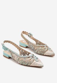 Renee - Zielone Sandały Slingback z Szydełkową Cholewką z Metalicznymi Przeszyciami Frolette. Okazja: na co dzień. Zapięcie: pasek. Kolor: zielony. Materiał: jeans. Obcas: na obcasie. Styl: casual, elegancki. Wysokość obcasa: niski