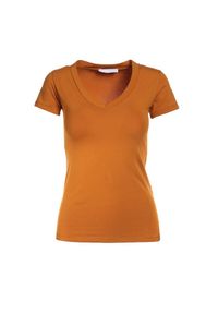 Born2be - Jasnobrązowy T-shirt Aegameda. Kolor: brązowy. Materiał: dzianina. Długość rękawa: krótki rękaw. Długość: krótkie