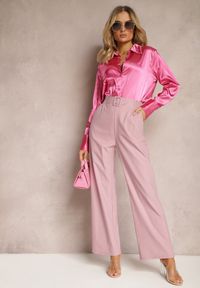 Renee - Różowe Spodnie Szerokie w Stylu Paper Bag z Materiałowym Paskiem Xennia. Kolor: różowy. Materiał: materiał