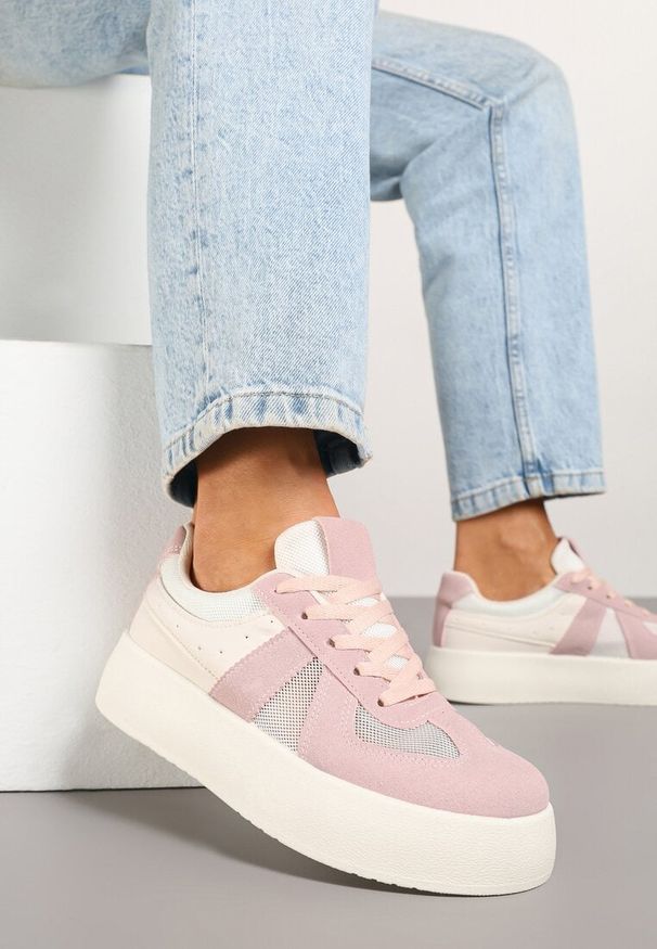 Born2be - Różowe Sneakersy w Stylu Tenisówek na Platformie Nanirea. Okazja: na co dzień. Kolor: różowy. Materiał: jeans. Obcas: na platformie