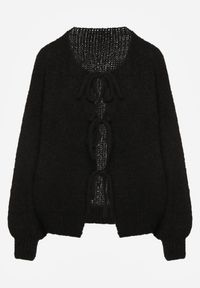 Renee - Czarny Kardigan z Wełną o Kroju Oversize z Wiązanymi Kokardami Elearina. Okazja: na co dzień. Typ kołnierza: kokarda. Kolor: czarny. Materiał: wełna. Styl: street, elegancki, casual #2