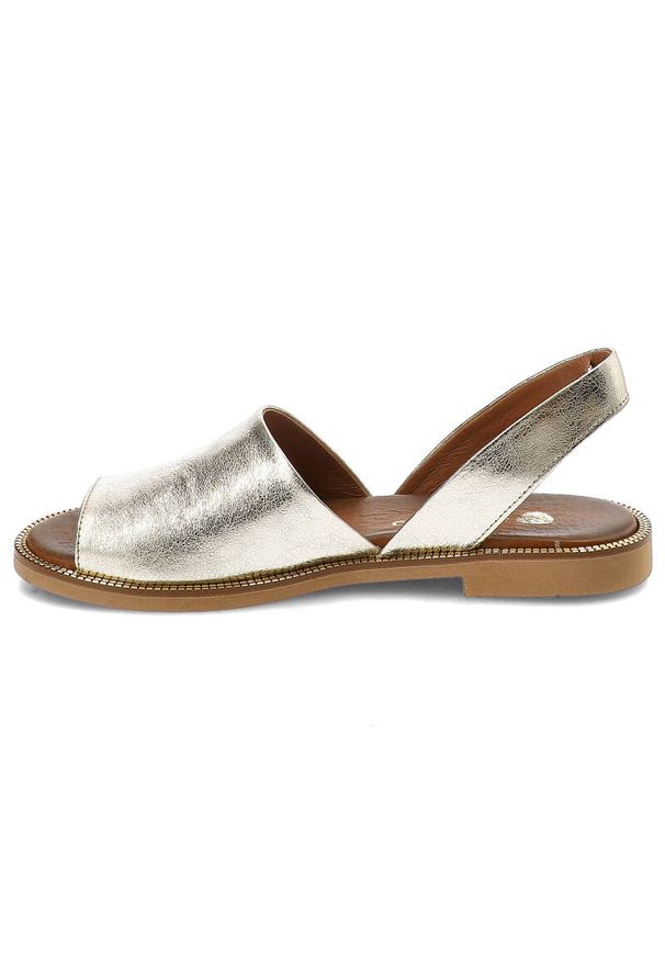 Złote Sandały Armodo Stylowe Buty Damskie. Zapięcie: pasek. Kolor: złoty. Wzór: aplikacja. Styl: elegancki