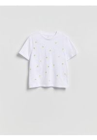 Reserved - T-shirt z haftowanym wzorem - jasnożółty. Kolor: żółty. Materiał: bawełna. Wzór: haft #1