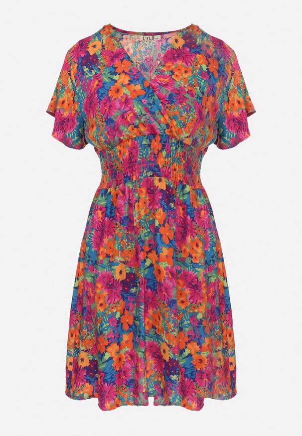 Born2be - Różowo-Granatowa Sukienka Mini z Szeroką Gumką w Talii i Kopertowym Dekoltem Nevun. Typ kołnierza: dekolt kopertowy. Kolor: różowy. Materiał: wiskoza. Wzór: kolorowy, aplikacja, kwiaty. Sezon: lato. Typ sukienki: kopertowe. Długość: mini