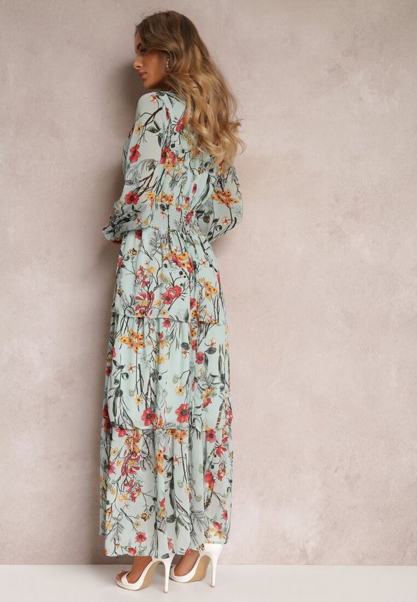 Renee - Miętowa Rozkoszowana Sukienka Maxi z Falbankami i Gumką w Talii Leezasa. Typ kołnierza: kołnierz z falbankami. Kolor: miętowy. Wzór: kwiaty. Styl: elegancki. Długość: maxi